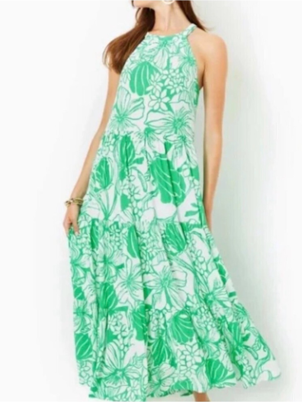 Lilly Pulitzer Beccalyn Halter Maxi Dress Oversized Kiss Me Tulips Print Size L